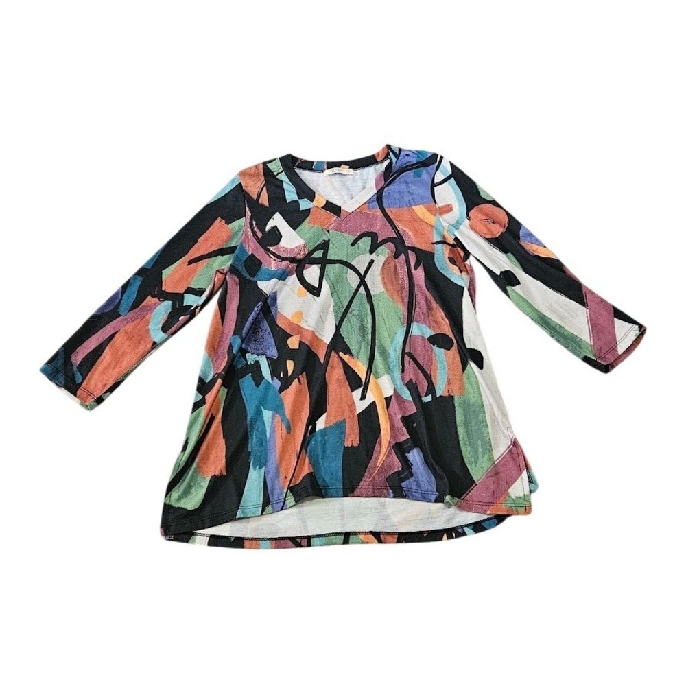 Jess & Jane Abstract Art V-Neck Tunic Top Multi-Color Small Artsy Shirt